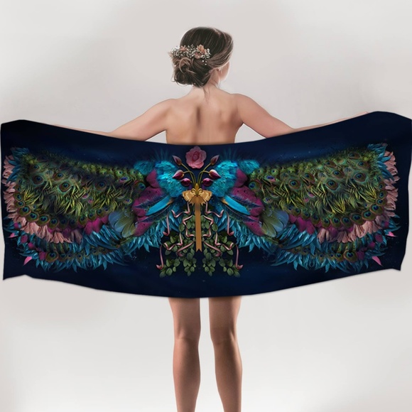 Peacock Feathers, Pink Rose & Wings Long Pure Silk Scarf - Picture 10 of 17